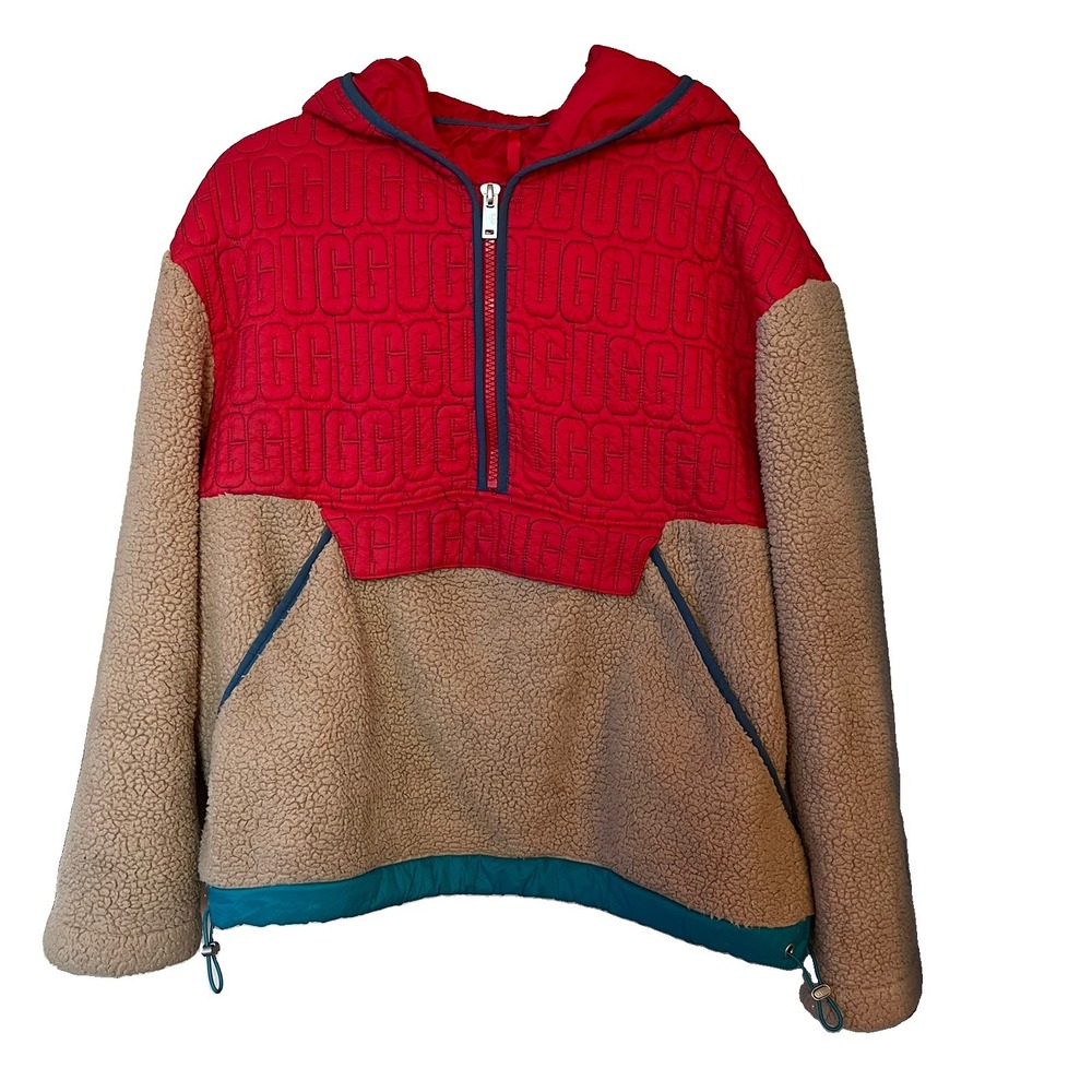 UGG Iggy Sherpa Half-Zip Pullover Hoodie Women's Sz M Red Teal Tan Pockets